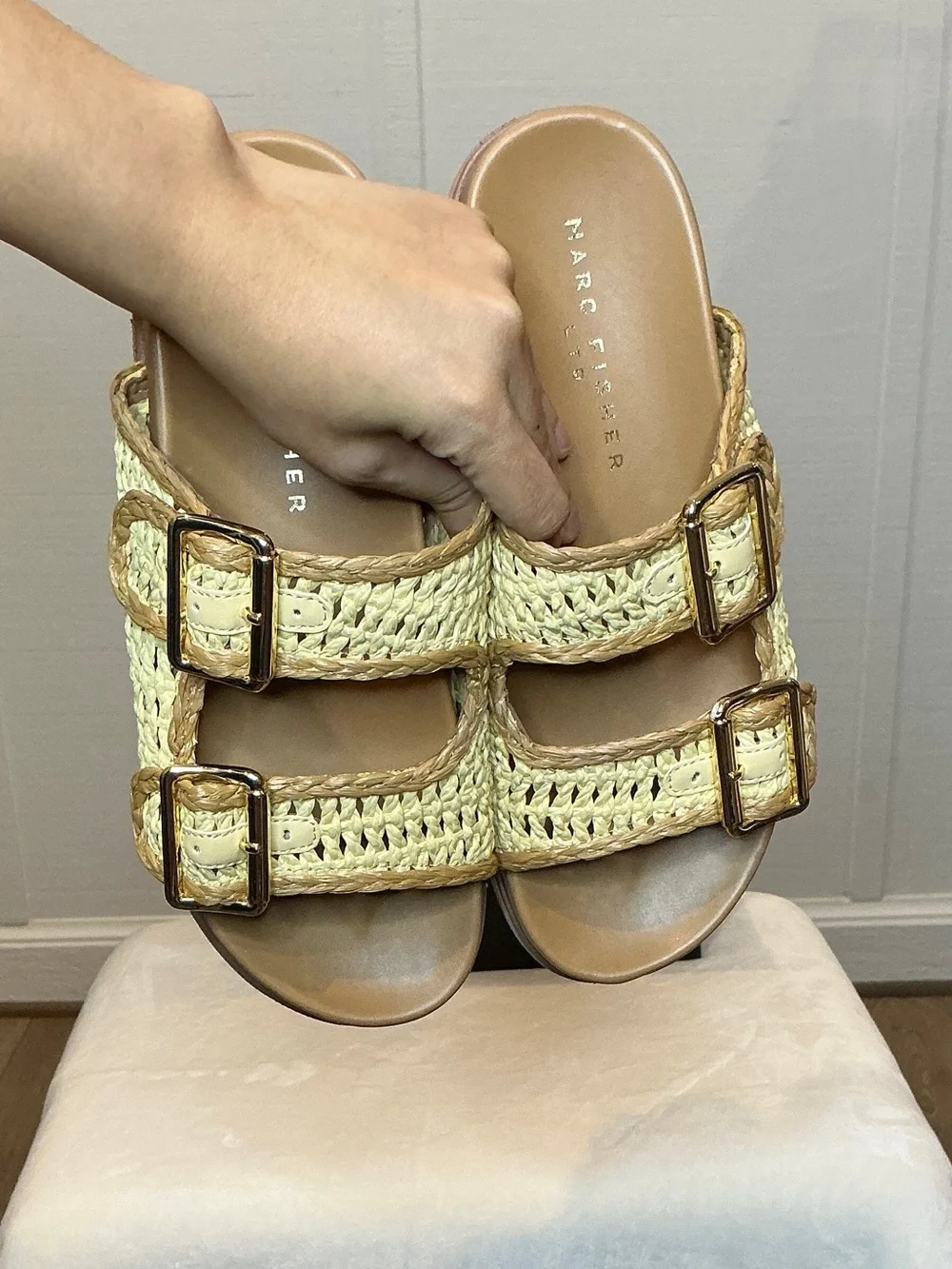 Marc Fisher Mylan Woven Buckle Slide Sandals Medium Natural Tan
